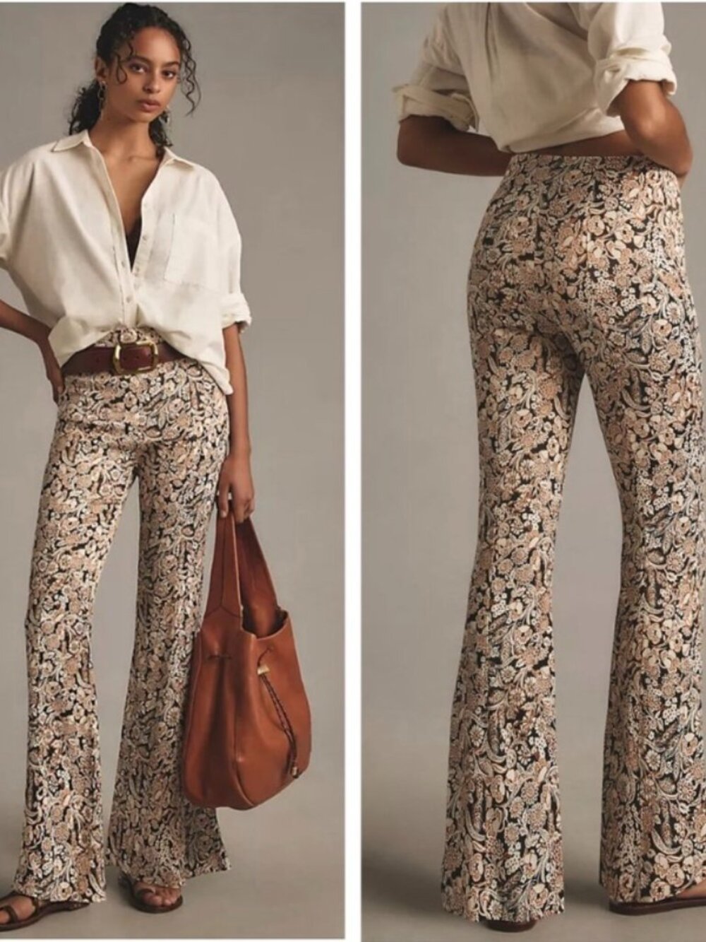 Anthropologie Satin Flare Pants Black & Floral Motif Size 12 Bohemian Festival